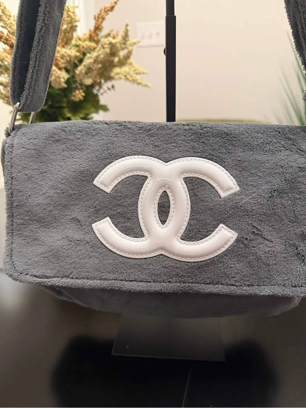 Chanel Gray Terrycloth Shoulder Bag with White CC Logo - Picture 5 of 5